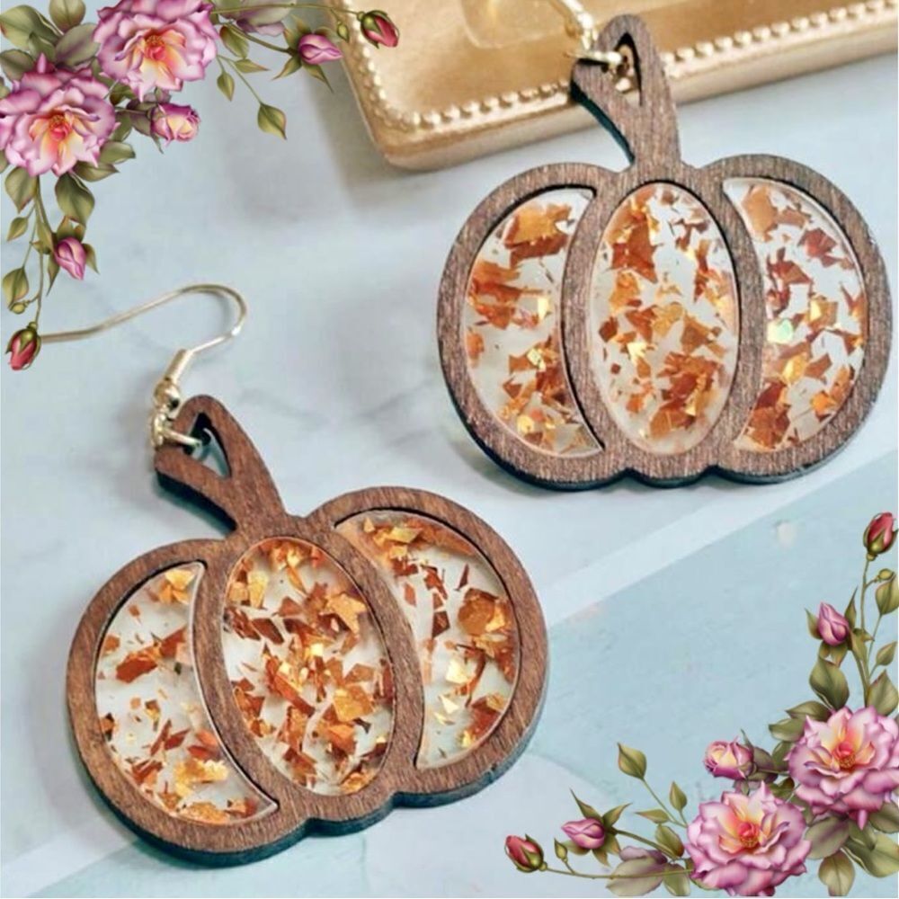 Halloween Thanksgiving Pumpkin‎ Wood Texture Acrylic Glitter Hollow Earrings